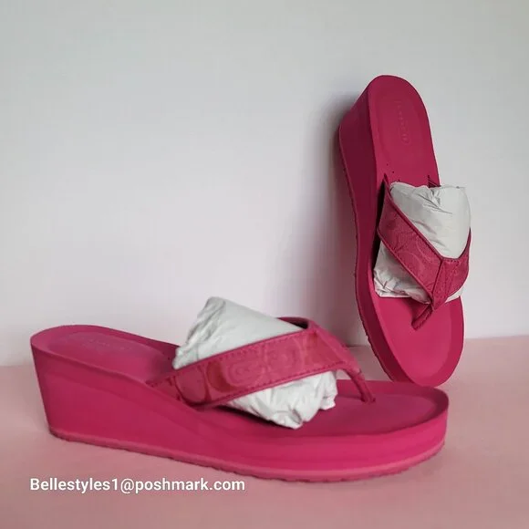 COACH Jaicee Wedge Platform Sandals in Signature Fabric-Fuchsia color.Size 9.5B⭐ - Picture 3 of 16